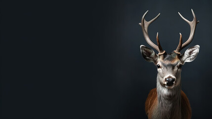 Wall Mural - Front view of a axis deer on black background. Wild animals banner with empty copy space
