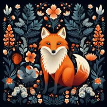 Fox In The Forest, In The Style Of Flat Colour Blocks, Black Background, Romantic Floral Motifs, Simple, Colourful Illustration