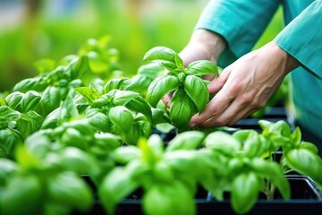 Sticker - hand picking fresh basil leaves from a plant