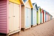 a row of pastel-colored beach huts