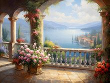 Oil Painting Of A Beautiful Landscape Viewed Through Stone Arch Balcony With Flowers