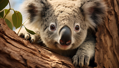 Canvas Print - Cute koala sitting on branch, looking at camera, outdoors generated by AI