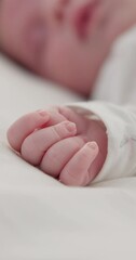 Wall Mural - Closeup, sleeping and hand with baby, relax and resting with break, development and calm with newborn. Infant, human and child with fingers, fatigue and growth with dream, morning and home with peace