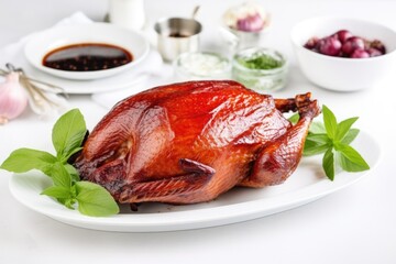 Poster - roast duck garnished with fresh herbs on marble counter