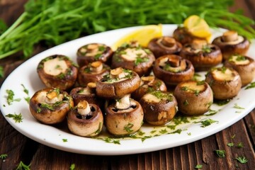 Sticker - decorative arrangement of grilled mushrooms with herbs around