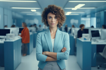 Sticker - Professional woman standing confidently in office with her arms crossed. Suitable for business and workplace themes.