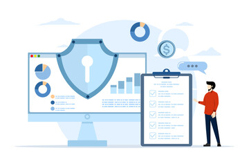 Wall Mural - database security concept, data center, programming, engineer, technology, data transmission scheme, secure connection. server rooms, data centers, and databases. safe and secure flat vector.