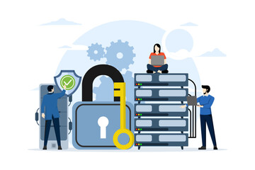 Sticker - database security concept, data center, programming, engineer, technology, data transmission scheme, secure connection. server rooms, data centers, and databases. safe and secure flat vector.