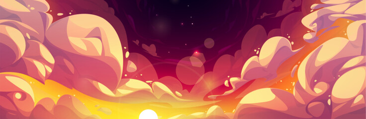 Wall Mural - sunset anime sky with cloud vector background. cloudy heaven painting with sun in orange color natur