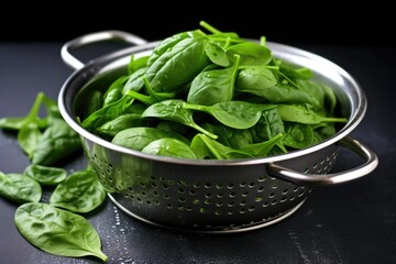 Wall Mural - raw spinach in a silver colander