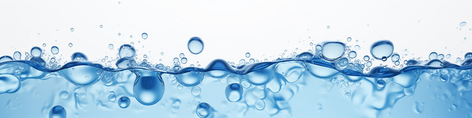 Wall Mural - narrow panorama of bubbles in clear blue water background.