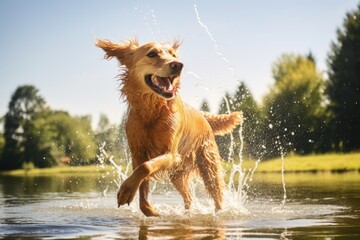 Wall Mural - dog shaking off water next to a lake during sunny day