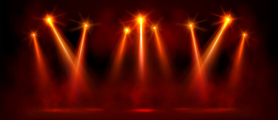 Wall Mural - red bright spotlight on stage with glowing effect. realistic vector of concert or show projector lig