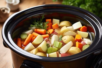 Wall Mural - slow cooker filled with simmering vegetables and broth