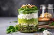 layered avocado salad with cottage cheese in jar