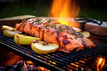 Sticker - bbq salmon with apple cider sauce amidst lowered flames