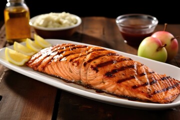 Wall Mural - apple cider bbq salmon, sauce and grill marks prominently shown