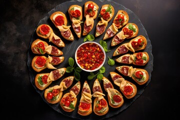 Poster - a set of bruschetta with fig and cheese arranged in a circle formation