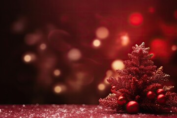 Poster - Christmas background with xmas tree and sparkle bokeh lights on red canvas background. Merry Christmas card. Winter holiday theme. Happy New Year. Space for text