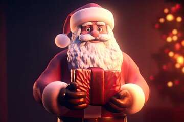 Poster - Santa Claus with a gift box, a jolly Santa in his traditional red suit high-resolution image with wrapped gift box, exuding the spirit of Christmas and the joy of giving, 3d render cartoon