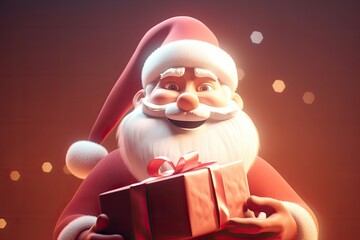 Poster - Santa Claus with a gift box, a jolly Santa in his traditional red suit high-resolution image with wrapped gift box, exuding the spirit of Christmas and the joy of giving, 3d render cartoon