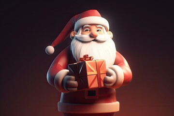 Poster - Santa Claus with a gift box, a jolly Santa in his traditional red suit high-resolution image with wrapped gift box, exuding the spirit of Christmas and the joy of giving, 3d render cartoon