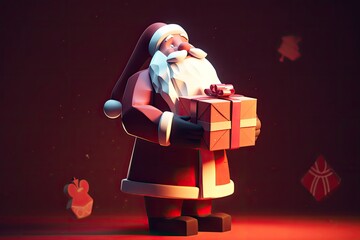 Poster - Santa Claus with a gift box, a jolly Santa in his traditional red suit high-resolution image with wrapped gift box, exuding the spirit of Christmas and the joy of giving, 3d render cartoon