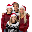 © SuperPixel Inc - white family in a Santa cap hat and a Christmas sweater isolated on a white transparent background