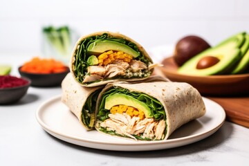 Canvas Print - turkey and avocado wrap with a fork and knife on a plate