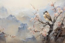Painting Of A Bird In Soft Beautiful Colours Among Flowers, Roses, Branches, Vintage Drawing In A Japanese Style, A Painting For The Interior Art Drawing