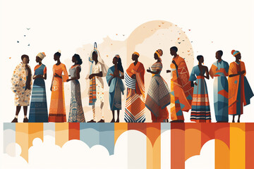 A group of people from different backgrounds, each one wearing traditional clothing and holding objects that represent their culture, standing together in unity. geomatric shapes and abstract patterns