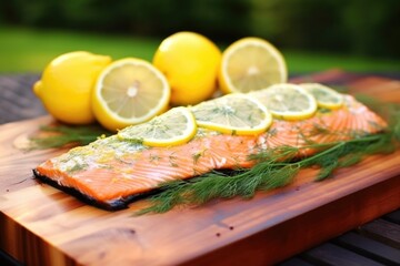 Sticker - lemon dill salmon on cedar plank close-up