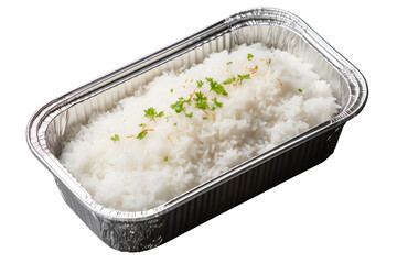 Wall Mural - cooked rice in chinese takeaway foil container isolated on white background