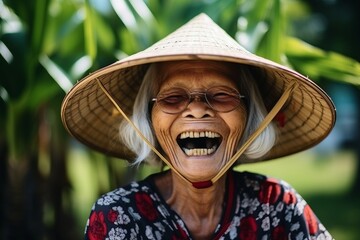 Wall Mural - Portrait of happy senior Asian woman with hat in the garden.