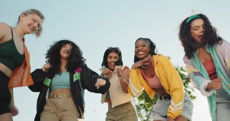 Wall Mural - Friends, fashion and group of women dance outdoors with trendy clothes, cool outfit and style on blue sky. Happy, diversity and portrait of people in streetwear on holiday, vacation and weekend