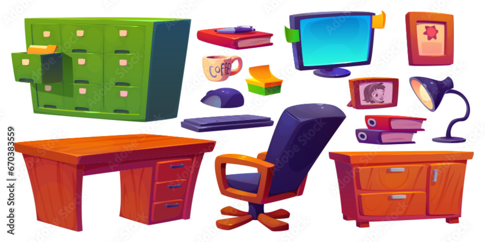 Detective office furniture set isolated on white background. Vector ...
