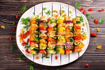 Sticker - top-down shot of fish skewers mixed with various vegetables