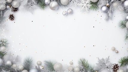 Poster - Merry Christmas wreath made of white and silver decorated fir trees, sparkles and confetti on white background.
