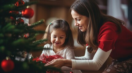 Poster - Mother and child decorate the Christmas tree with fairy lights.