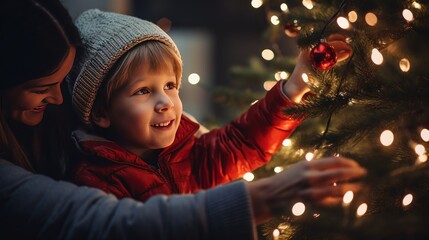 Poster - Mother and child decorate the Christmas tree with fairy lights.