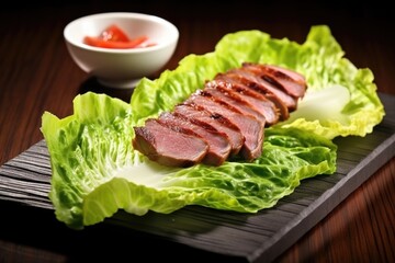 Sticker - medium-rare grilled duck on a bed of lettuce