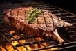 porterhouse steak grilling on a charcoal barbecue