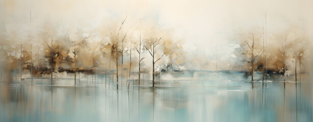 Wall Mural - watercolour drawing forest landscape of dry trees in autumn with lake water reflection and fog background