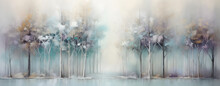 Watercolour Drawing Forest Landscape Of Dry Trees In Winter With Fog Background