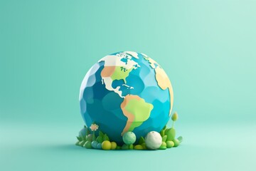 Colorful globe with miniature trees against a soft green backdrop, a journey through geography.