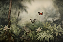 Wallpaper Jungle Landscape And Leaves Tropical Forest Mural With Butterflies Old Drawing Vintage Background