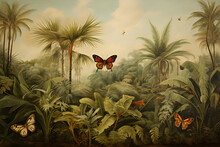 Wallpaper Jungle Landscape And Leaves Tropical Forest Mural With Butterflies Old Drawing Vintage Background