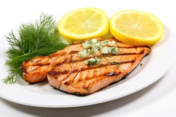 Sticker - fresh grilled salmon steak garnished with dill and lemon