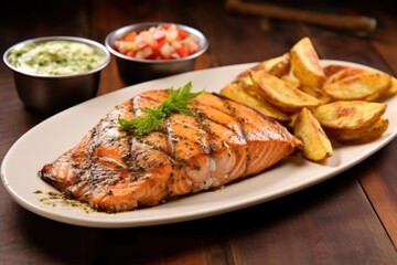 Wall Mural - grilled salmon served with baked potatoes