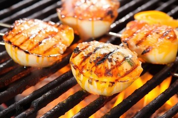 Canvas Print - still shot of grilled scallops with basting brush nearby